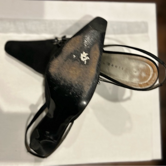 Black Satin Martinez Valero 3” Heels with rhinestone flower details. - Picture 4 of 4